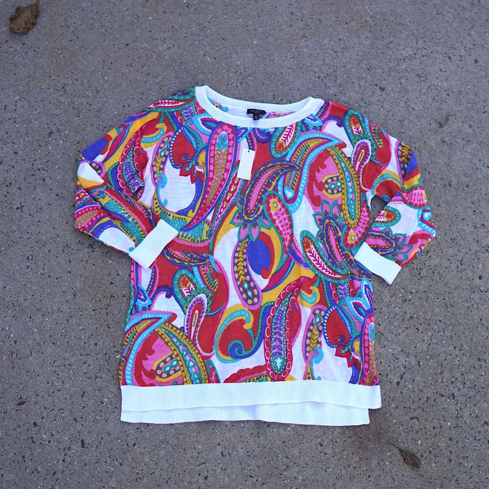 NWT Talbots Colorful Paisley Cotton Knit Sweater 3/4 Sleeve Petite M Artsy Boho